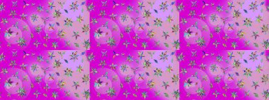 Bir sürü mor ve nötr soyut çiçekli tropikal çizim deseni. Varicolomagenta ve nötr raster çizimi. Küçük çiçekte sevimli çiçek deseni var..