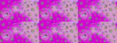 Raster illüstrasyonu. Mor ve nötr renklere karalamalar çizilmiş çiçek deseni.