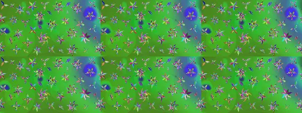 Elle çizilmiş çiçek desenli Raster çizimi. Tekstil, kumaş, ambalaj, hatıra defteri için hoş bir çiçek arkaplanı. Çocuksu tasarım. Yeşil ve mavi arkaplanda.