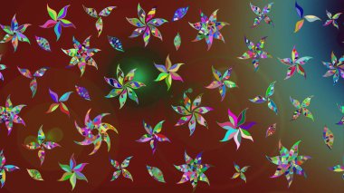 Düz Çiçek Elementleri Tasarımı. Raster illüstrasyonu. Kahverengi ve kırmızı renkte çiçekler. Renkli Bahar Teması eskiz kalıbı. Çiçek desenli çizim. Asya tekstil tarzında.