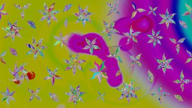 Çiçekli ipek eşarp. Yeşil ve mor üzerine yeşil ve mor. Retro tekstil tasarım koleksiyonu. 1950-1960 motifleri. El çizimi çiçek elementleri ile soyut çizim raster deseni.