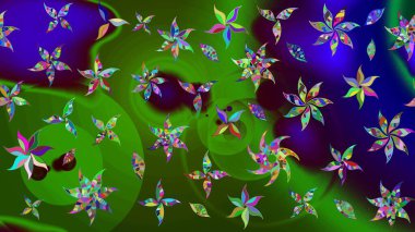 Çiçek. Raster illüstrasyonu. Taslak dekoratif arka plan, çiçek mandala. Yeşil ve mavi renklerde.