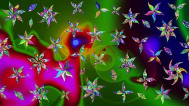 Düz Çiçek Elementleri Tasarımı. Renkli Bahar Teması eskiz kalıbı. Yeşil ve mavi renkte çiçekler. Çiçekle çizim deseni.