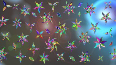 Renkli grunge, soyut arkaplanı kolonya ve mavi çiçeklerle süslüyor. Nakış desenli çiçek deseni. İzler, kumaş, duvar kağıtları, tekstil için raster dokusu.