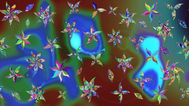 Mavi ve yeşil renkli çiçekler. Çiçek süslemeli çizim deseni. Raster illüstrasyonu.