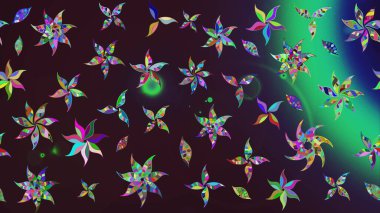 Düz Çiçek Elementleri Tasarımı. Asya tekstil tarzında. Kahverengi ve yeşil renkli çiçekler. Çiçek desenli çizim. Renkli Bahar Teması eskiz kalıbı. Raster illüstrasyonu.