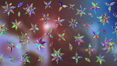 Raster illüstrasyonu. Renkli Bahar Teması eskiz kalıbı. Kahverengi ve mavi renkli çiçekler. Asya tekstil tarzında. Çiçek desenli çizim. Düz Çiçek Elementleri Tasarımı.