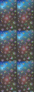 Gri ve mavi renkte çiçekler. Raster illüstrasyonu. Çiçek desenli eskiz, vuruşlar, sıçramalar, yaz çiçekleri..