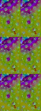 Yumuşak, bahar çiçekleri yeşil ve mor renklerde. Raster çiçekleri klasik tarzda çizilmiş. Çiçekli yumuşak bir eskiz şekli. Raster illüstrasyonu.