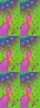 Raster illüstrasyonu. Yeşil ve mor renklerde. Çiçek buketleriyle klasik tarzda eskiz deseni.