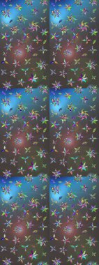 Gri ve mavi renkte çiçekler. Raster illüstrasyonu. Çiçek desenli eskiz, vuruşlar, sıçramalar, yaz çiçekleri..