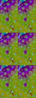 Yumuşak, bahar çiçekleri yeşil ve mor renklerde. Raster çiçekleri klasik tarzda çizilmiş. Çiçekli yumuşak bir eskiz şekli. Raster illüstrasyonu.