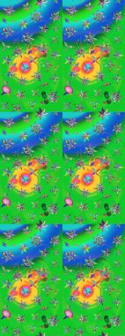 Sabıka fotoğraflarında, bebek kıyafetlerinde, duvar kâğıtlarında, paket kutularında falan kullanılabilir. Raster. Zarif, parlak ve eskiz yeşil ve mavi çiçek deseni tasarımı.