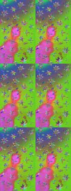 Raster illüstrasyonu. Yeşil ve mor renklerde. Çiçek buketleriyle klasik tarzda eskiz deseni.