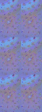 Sanat ilham verici ve mavi tarzı çiçekler ve arkasında izler bırakıyor. Raster deseni. Mor ve mavi el çizimi desen. Karalama çiçekleri çizim deseni.