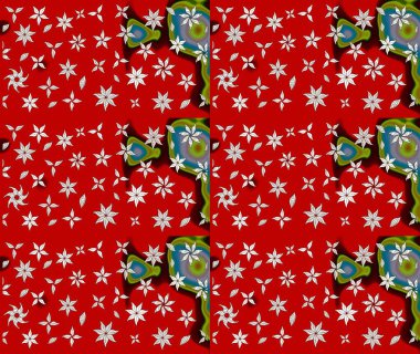 Tekrar eden çiçek arkaplanı, zarif kırmızı çiçek duvar kağıdı. Kırmızı renkler üzerine çiçek desenli çizimler, el yapımı papatyalar, papatyalar..