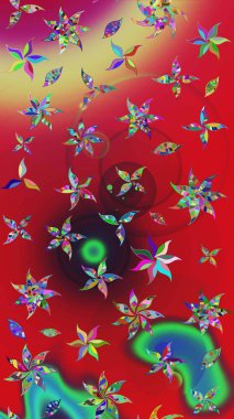 Yapraklı çiçekler ve kırmızı ve yeşil renkli papatya çiçekleri. Eskiz arkaplan modeli. Raster - stok.