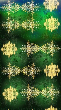 Düz kar karalama ikonları, kar taneleri silueti yeşil, gri ve sarı renkli yılbaşı afişleri, kartlar. Güzel soyut kar taneleri raster tasarımı. Yeni yıl kar tanesi.