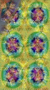 Düşen Noel stili kar taneleri. Güzel, yeşil, mavi ve sarı kar taneleri renkli bir arka planda izole edilmiş. İllüzyon. Kar taneleri, kar yağışı.