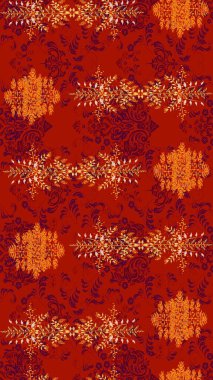 Düz Çiçek Elementleri Tasarımı. Kırmızı, turuncu ve mor renkte çiçekler. Asya tekstil tarzında. Çiçek desenli çizim. Raster illüstrasyonu. Renkli Bahar Teması çizim şablonu.