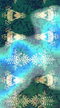 Raster Floral Illustration, Asyalı tekstil. Mavi, yeşil ve nötr renklerdeki etnik çiçeklerle zarif bir eskiz deseni..