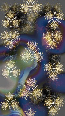 Raster illüstrasyonu. Gri, mor ve kahverengi kar taneleri. Renkler. Kar tanelerinin soyut arkaplanı olan şirin bir Noel arkaplanı. Noel ve Yeni Yıl moda baskıları için tatil tasarımı.