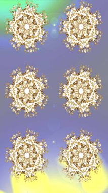 Raster illüstrasyonu. Renkli arka planda izole tatlı kar taneleri. Soyut mandala ya da tuhaf kar tanesi çizgisi sanat tasarımı.