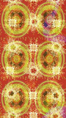 Raster illüstrasyonu. Noel ve yeni yıl moda baskıları için tatil tasarımı. Sarı, turuncu ve kahverengi renkler. Kar tanelerinin soyut arkaplanlı Noel deseni.