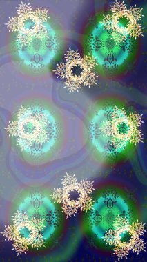 Altın maviye, yeşil ve nötr renklere. Ortaçağ çiçek desenini çiz. Raster illüstrasyonu. Doğum günü kartı, davetiye ya da afiş için iyidir. Dekoratif simetri arabesk.