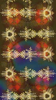 Kahverengi, yeşil ve sarı renkli kar tanesi süsü. Kar tanesi süsü Raster illüstrasyonu. Kar taneleri izole edildi. Güzel süs eşyası..