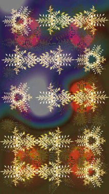 Bokeh kahverengisi, menekşe, griler ve kar taneleriyle dekoratif Noel arkaplanı. Raster illüstrasyonu.