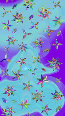 Mavi ve mor renklerde. 3D çiçekler, eskiz. Raster illüstrasyonu.