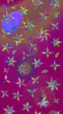 Çiçekli karalama şeklinde Raster çiçek deseni. Nazik, sevimli çiçek arkaplanı. Mor ve kahverengi renkte çiçekler.