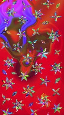 Parlak renkli fantezi çiçekleri, yapraklar, kırmızı ve kahverengi renkli tomurcuklar, kırmızı ve kahverengi. Suluboya el çizimi elementli çiçek çizimi deseni.