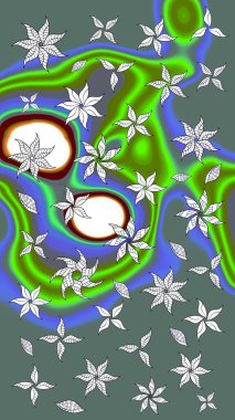 Çiçeksel elementlerle süslenmiş zarif raster dokusu. Küçük çiçekte hoş bir çiçek deseni var. Tarafsız ve parlak çiçekli yeşil renkler üzerine soyut çizim deseni.