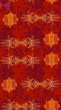 Raster illüstrasyonundaki çiçek desenli çizim. Kırmızı, turuncu ve mor renklerde. Güzel kumaş deseni. Raster illüstrasyonu.