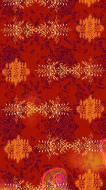 Kırmızı, turuncu ve mor kar taneleri. Noel ve yeni yıl moda baskıları için tatil tasarımı. Kar tanelerinin soyut arkaplanlı Noel şablonu. Raster illüstrasyonu. Renkler.