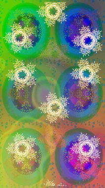 Raster illüstrasyonu. Kar tanelerinin soyut arkaplanı olan şirin bir Noel arkaplanı. Noel ve yeni yıl moda baskıları için tatil tasarımı. Renkler. Yeşil, mavi ve nötr kar taneleri.