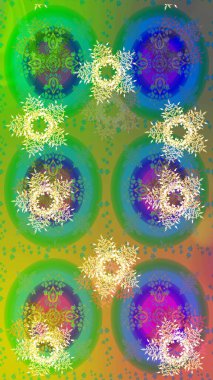 Raster yeşili, mavi ve sarı kar tanelerinden izole edilmiş. Raster illüstrasyonu. Güzel bir kış süsü. Kar taneleri koleksiyonu.