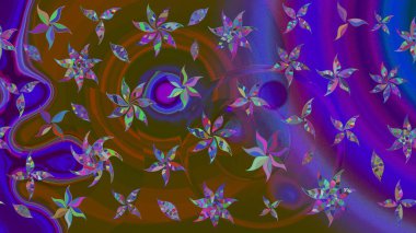 Düz Çiçek Elementleri Tasarımı. Sevimli çiçek raster deseni. Kahverengi ve mor renkli çiçekler. Renkli Bahar Teması çizim şablonu.