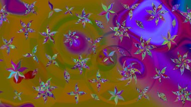 Raster illüstrasyonundaki çiçek desenli çizim. Kahverengi ve mor renkte çiçekler.