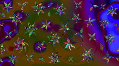 Raster illüstrasyonu. Renkli desenli eskiz deseni, kahverengi ve yeşil çiçekler ve dekoratif elementler. Kumaş, tekstil, duvar kağıdı baskısı için. Eski usul. Taslak arkaplan.