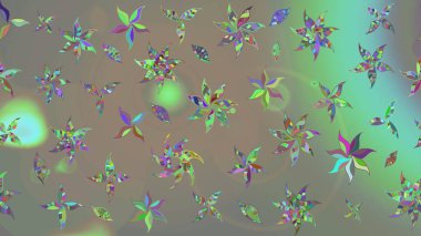 Çok renkli ve bej renkli küçük çiçekler ve gri ve bej renkli komik böcekler, raster desen, illüstrasyon.