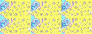 Sarı ve mavi renkte çiçekler. Raster düz çiçek çizim deseni. Tasarım hediye paketi, tebrik kartları, posterler ve afiş tasarımı.