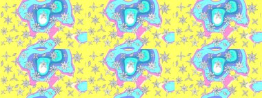 Üzerinde gelincikler ve vadi zambakları olan renkli çiçek desenli nakış deseni. Tekstil tasarımı için sarı ve mavi renkli geleneksel halk çiçekleri..