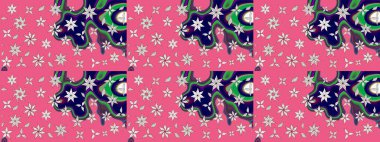 Çoklu olopink ve nötr küçük çiçekler pembe ve nötr renklerdeki komik böcekler, raster desen, illüstrasyon.