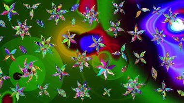 Raster illüstrasyonu. Şirin çiçekli eskiz deseni ve yeşil ve mavi renkli yapraklar, suluboya çiçek deseni, duvar kağıdı, kart veya kumaş için fayanslı.