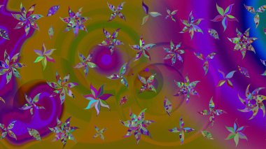 Raster çiçek desenli çiçek deseni, yapraklar, dekoratif elementler, sıçrama, lekeler, el çizimi kontur çizgileri ve Doodle çizim stili, grafik raster çizim çizimi.