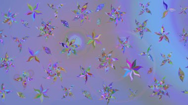 Mor ve mavi üzerine mor ve mavi. Çiçekli ipek eşarp. 1950-1960 motifleri. El çizimi çiçek unsurları olan soyut çizim raster deseni. Retro tekstil tasarım koleksiyonu.