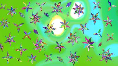 Renkli Yaz Temalı eskiz kalıbı. Çiçekli eskiz çizimi. Yeşil ve mavi renkte çiçekler. Düz Çiçek Elementleri Tasarımı.